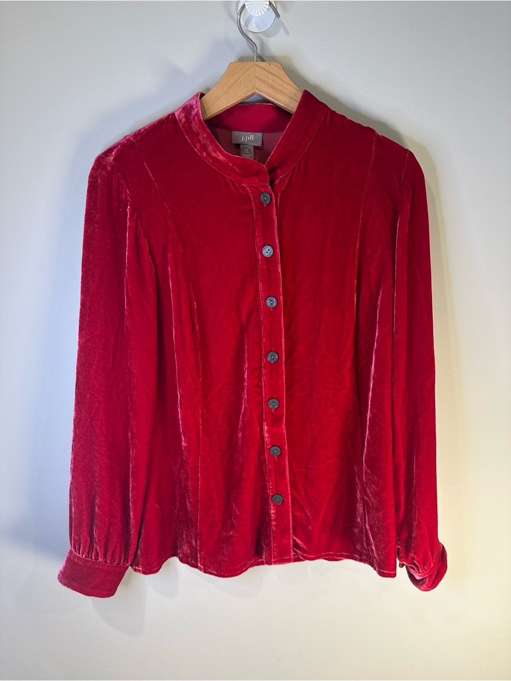 J. Jill Red Silk Blend Velvet Button Front Blouse Long Sleeve Holiday small